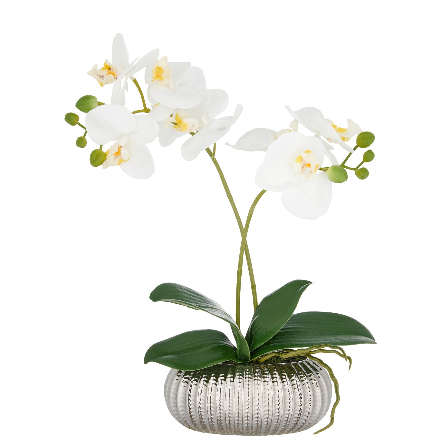 Phalaenopsis Kunstpflanze 38cm Weiß in Silberner Keramikschale 16x9x7cm Real Touch
