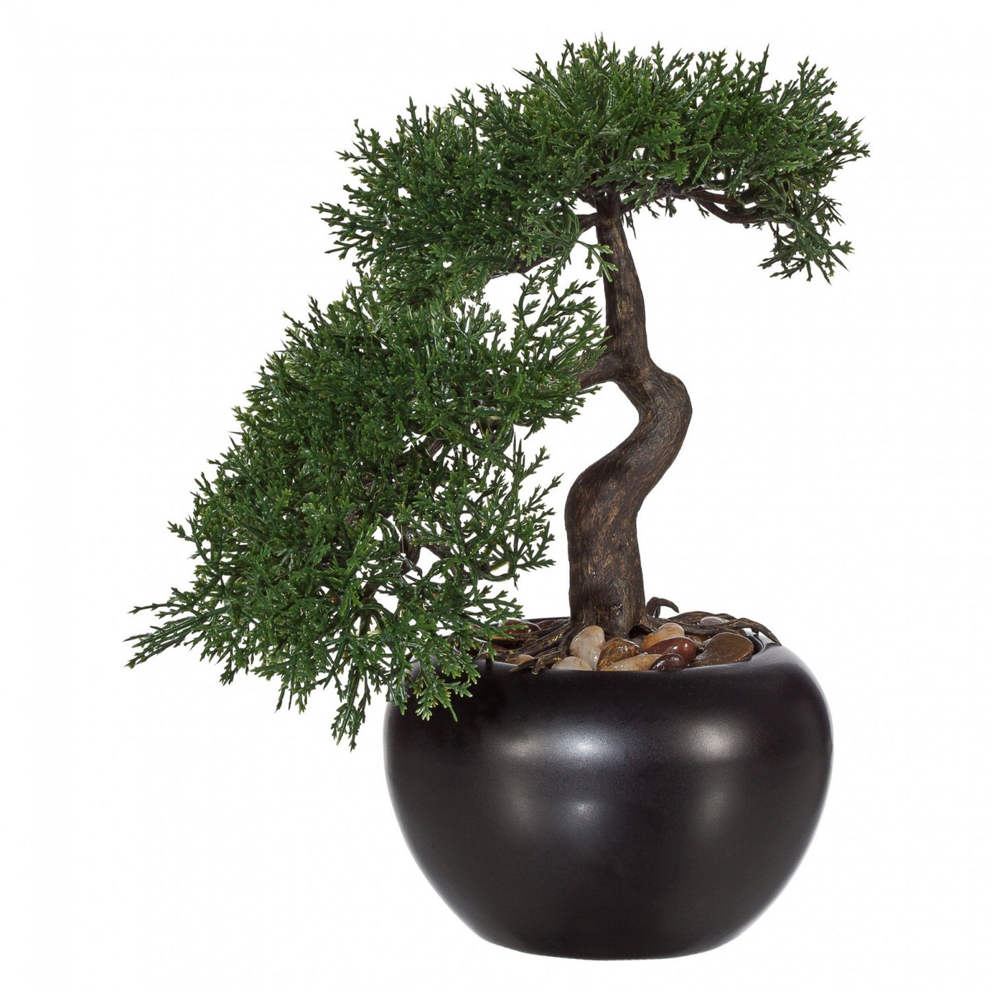 Bonsai Zeder Kunstpflanze 25 cm - eleganter Kunstbaum im schwarzen Keramiktopf mit Kies