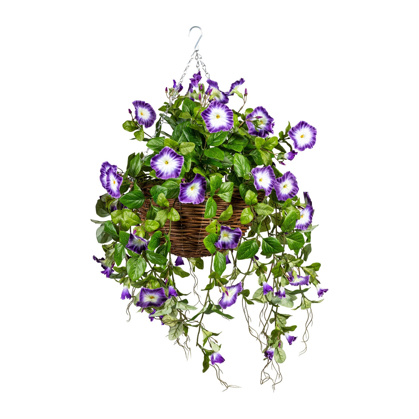 Künstliche Petunien-Hängeampel 70 cm im UV-schutz Weidenkorb - Lila & Weiß