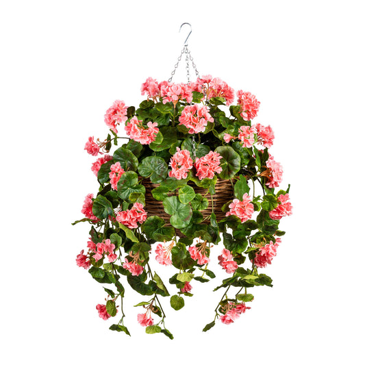 Künstliche Geranienhängeampel im Weidekorb – UV-beständig in 3 Farben, 70 cm