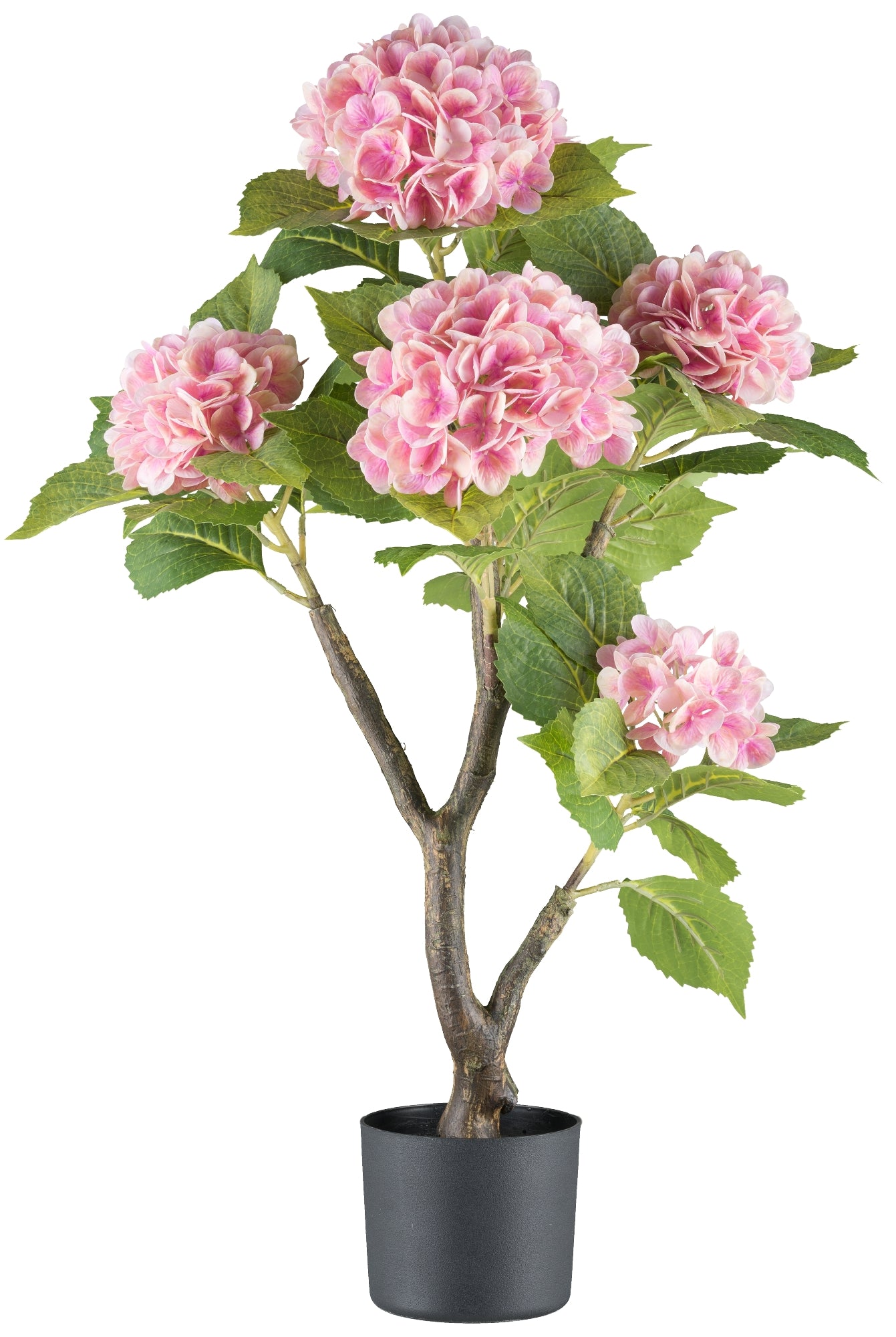 Hortensienbusch Rosa 85 cm - Realistische Kunstpflanze im schwarzen Kunststofftopf 15x13 cm