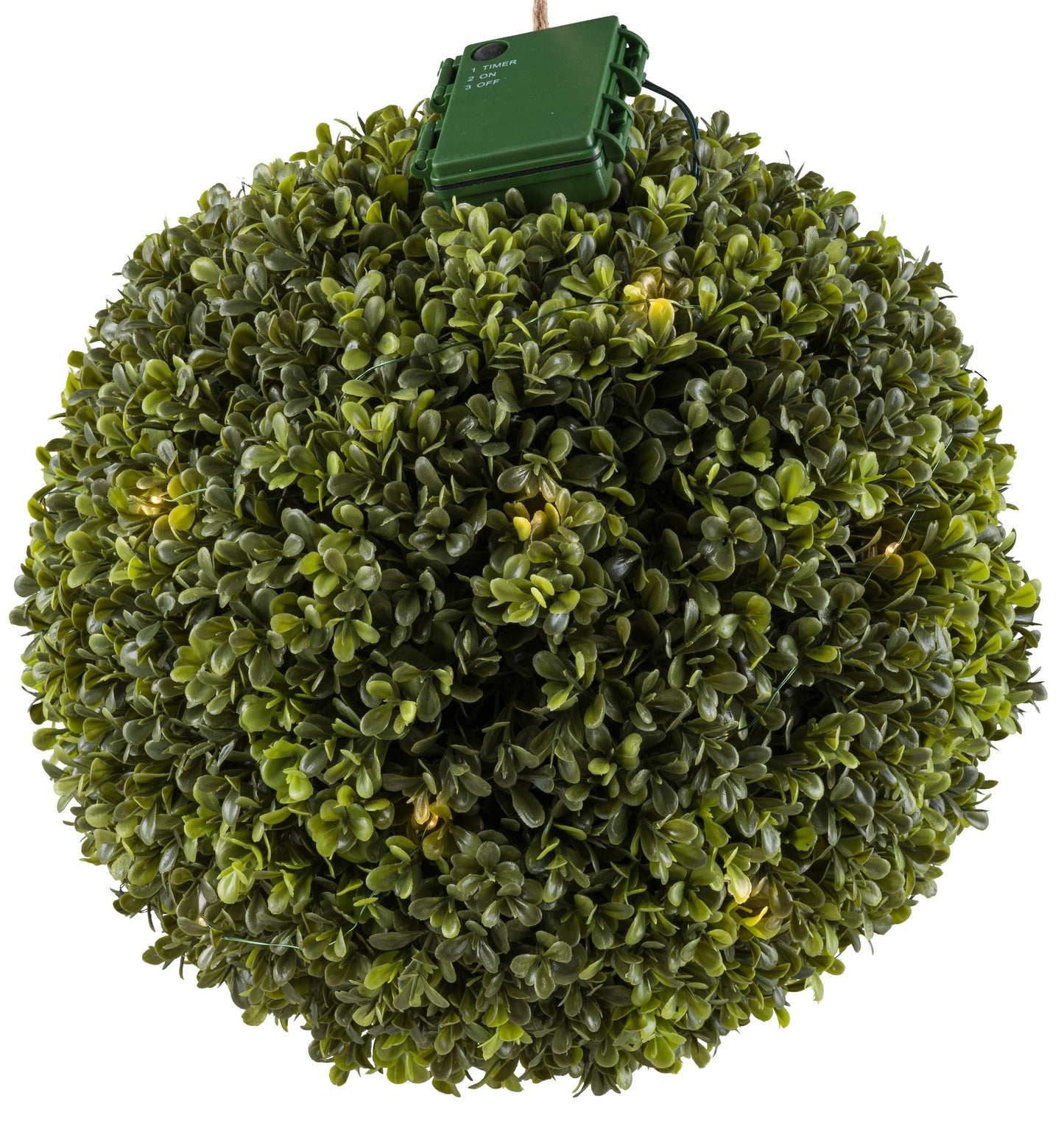 Buchsbaumkugel Ø30cm mit 25 LEDs, Timer, Batteriebox – UV-beständig für innen & außen