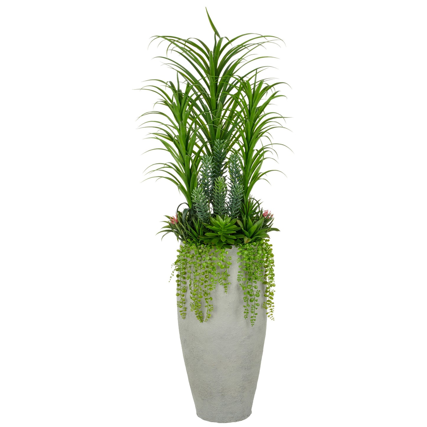 Natürlich wirkendes Sukkulentenarrangement 175cm grün im grauen Fiberclay-Topf 45x80cm mit Kies, UV-beständig