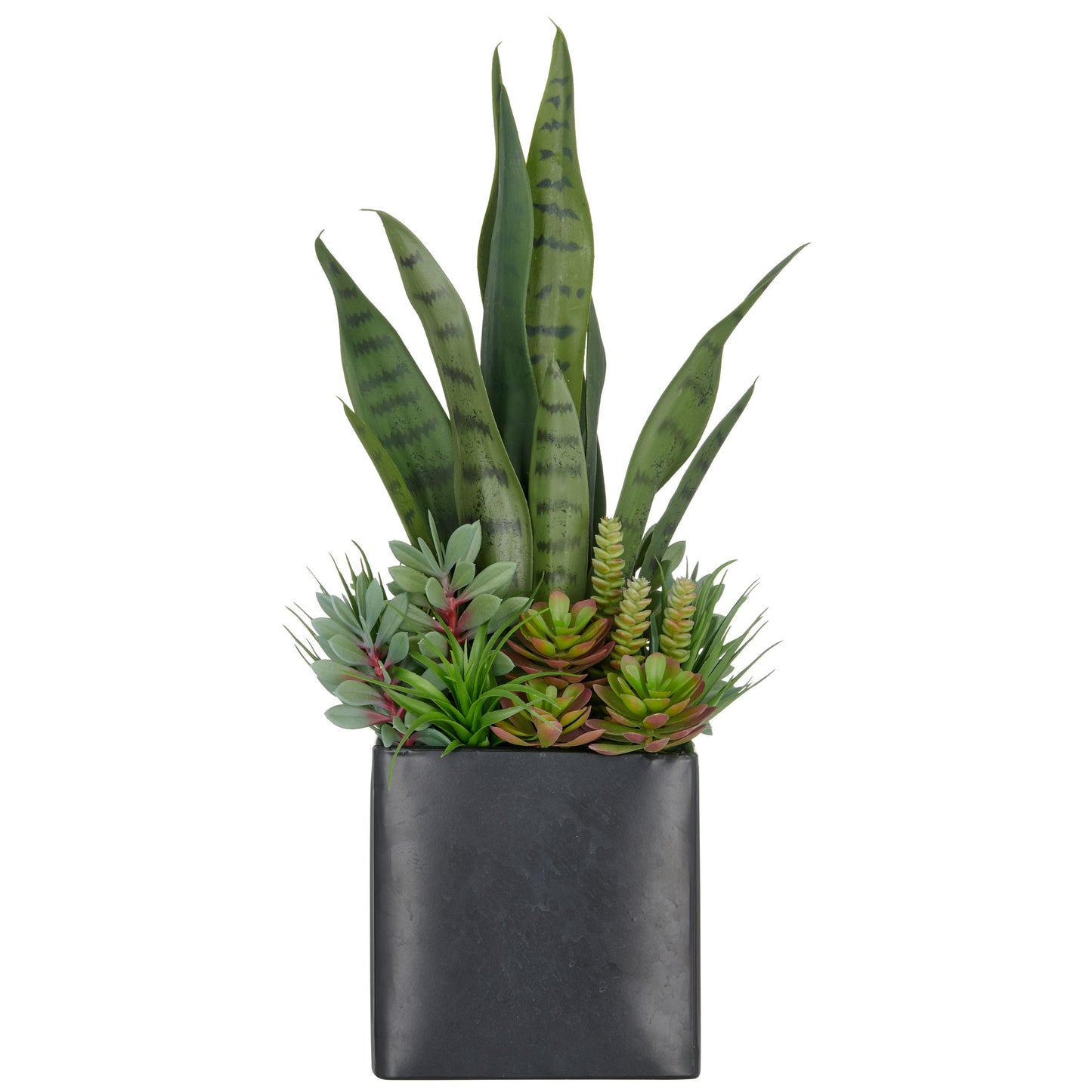 Sukkulentenarrangement 55 cm grün im schwarzen Metalltopf 16x17 cm mit Kies Kunstpflanze