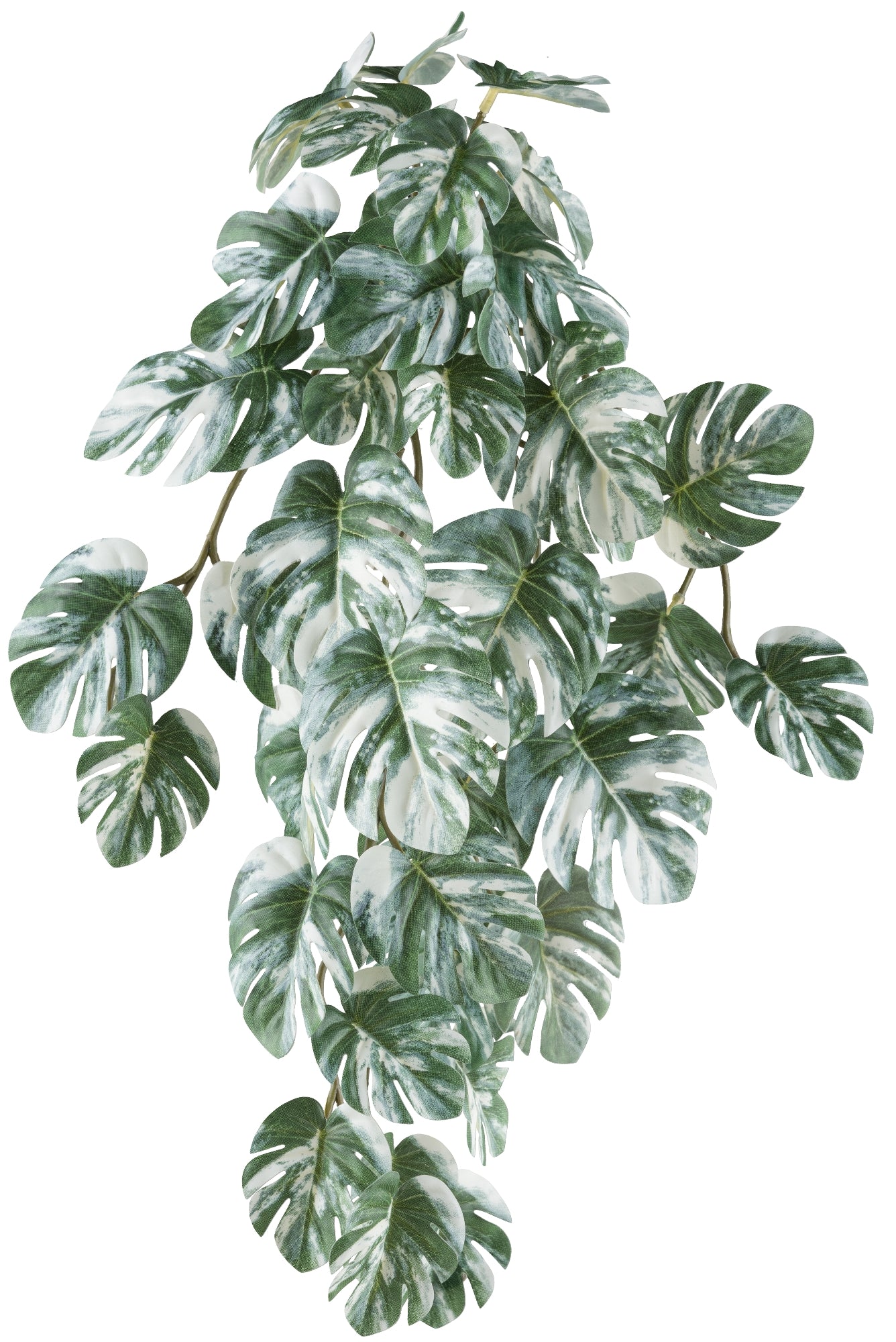 2er Set Kunstpflanze Splitphilodendron Variegata Hänger 48 cm, 38 Blätter grün-weiß