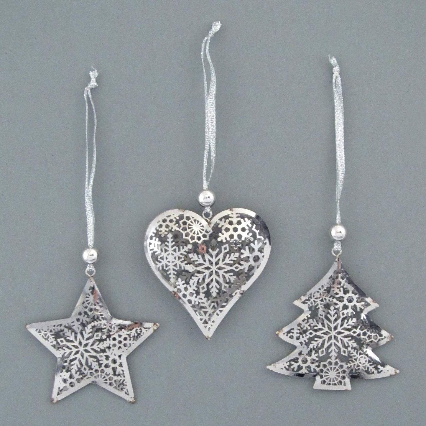 Deko Weihnachtsanhänger Metall Set 3er - Lasercut Herz, Stern & Christbaum 9 cm