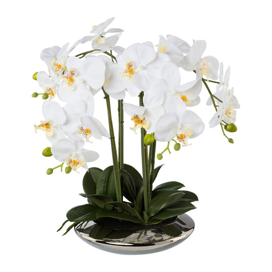 Phalaenopsis Kunstpflanze in edler Silber-Keramikschale, 41 cm, 4 weiße Blütenstände