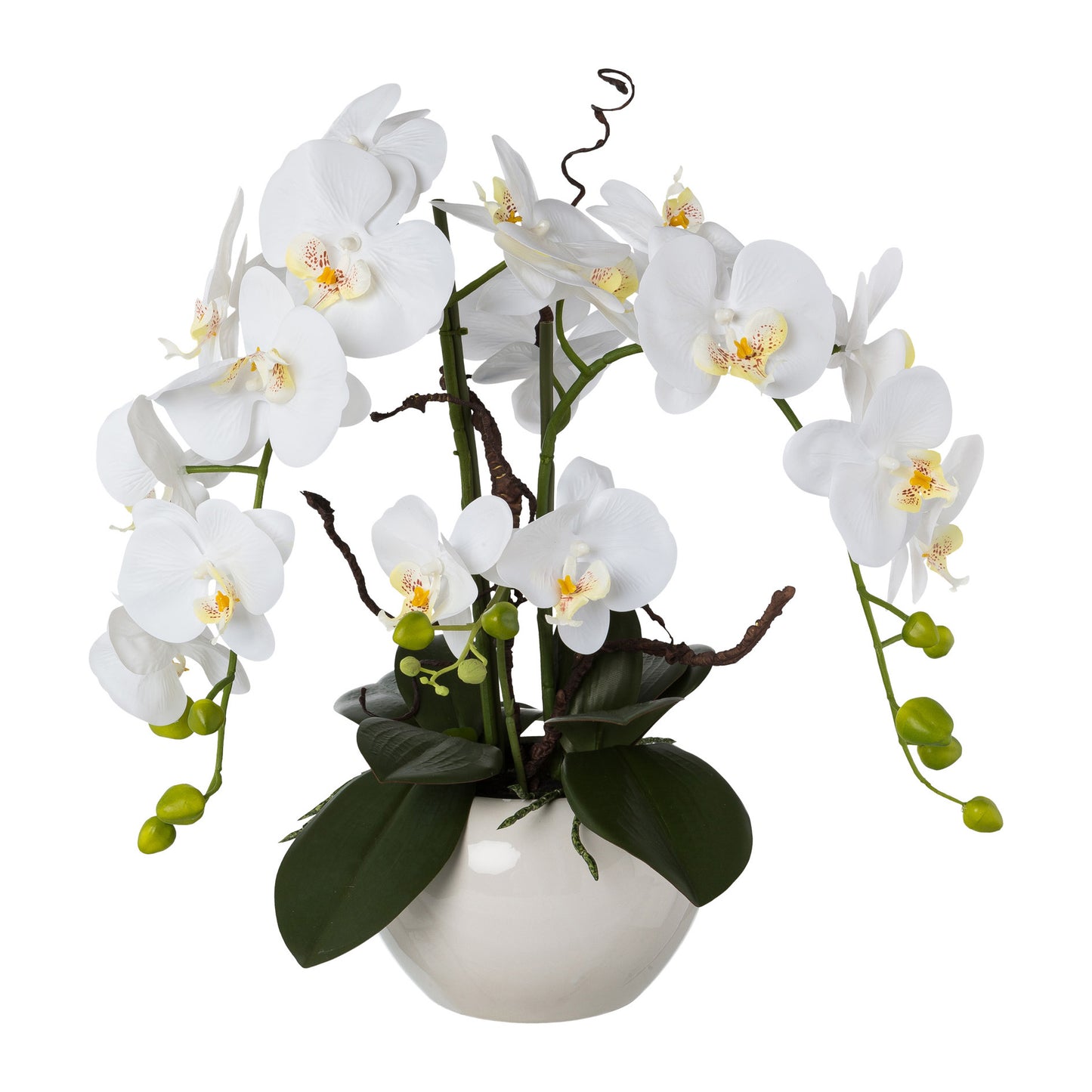 Künstliches Orchideenarrangement 55 cm mit 18 weißen Blüten im eleganten Keramiktopf
