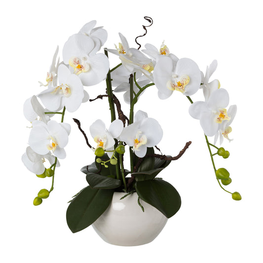 Künstliches Orchideenarrangement 55 cm mit 18 weißen Blüten im eleganten Keramiktopf