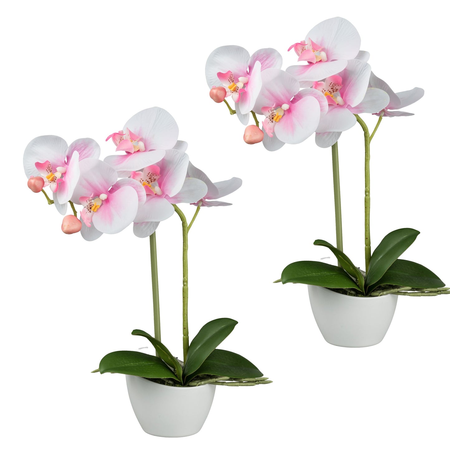 2er Set rosa Phalaenopsis Kunstpflanzen 33 cm mit weißen Melaminetöpfen – "Real Touch"