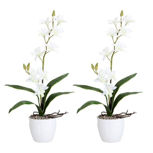 2er Set Kunstorchideen Dendrobie 60cm, weiße Blumen in elegantem Keramiktopf