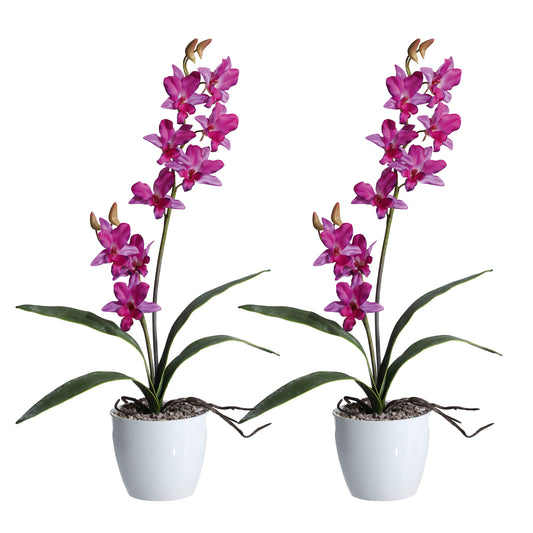 2er Set lila Dendrobien Kunstpflanzen 60 cm im modernen Keramiktopf für stilvolle Deko