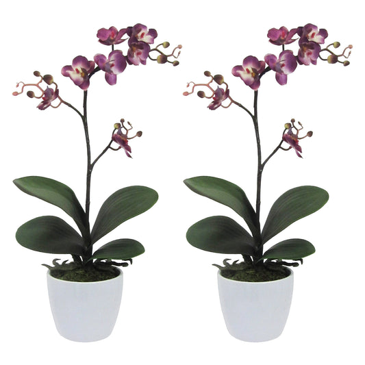2er Set Kunstpflanzen Phalaenopsis Cassandra 55 cm Lila im weißen Keramiktopf