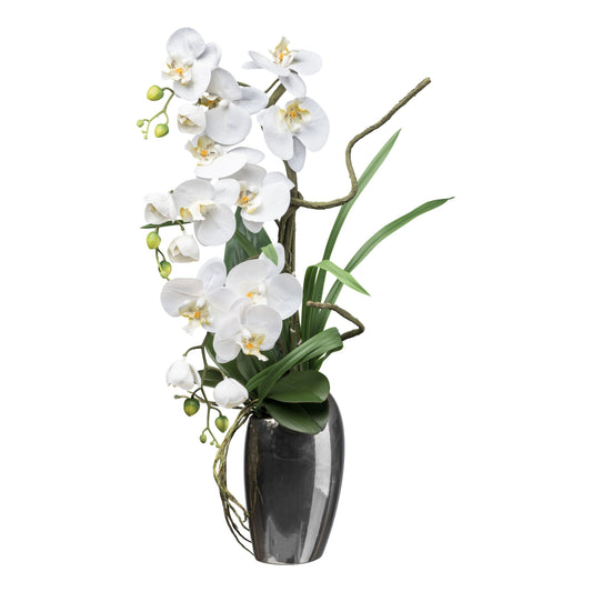 Phalaenopsis Kunstpflanze 68 cm mit Silbervase, elegante weiße Blüten, pflegeleicht