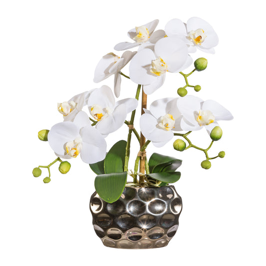 Phalaenopsis Orchidee 30 cm in eleganter Silbervase - Real Touch Kunstpflanze