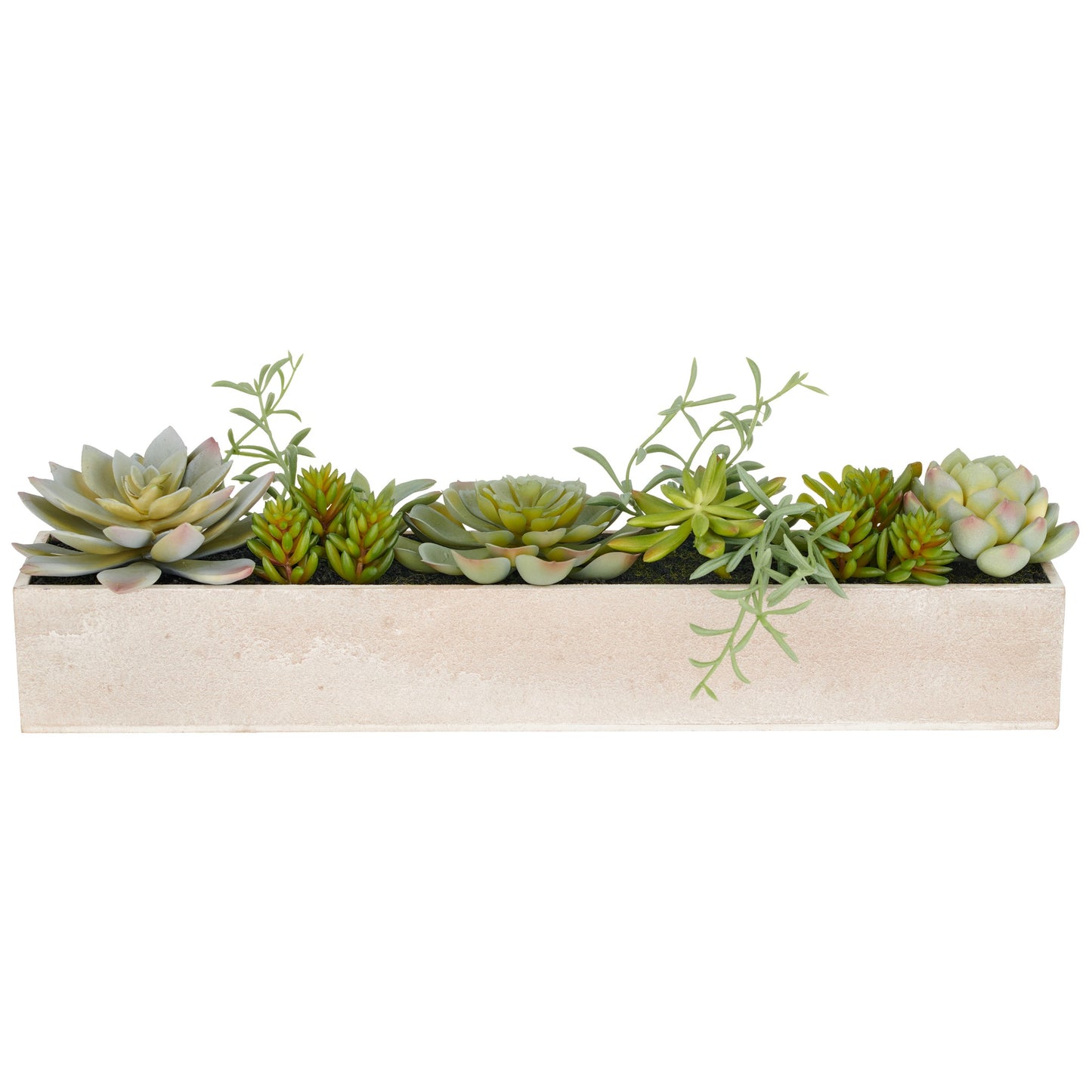 Sukkulentenarrangement 10 cm Grün Kunstpflanzen im Holzkasten 40x8x6 cm Pflegeleicht Deko