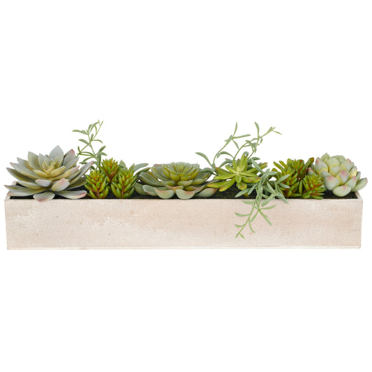 Sukkulentenarrangement 10 cm Grün Kunstpflanzen im Holzkasten 40x8x6 cm Pflegeleicht Deko