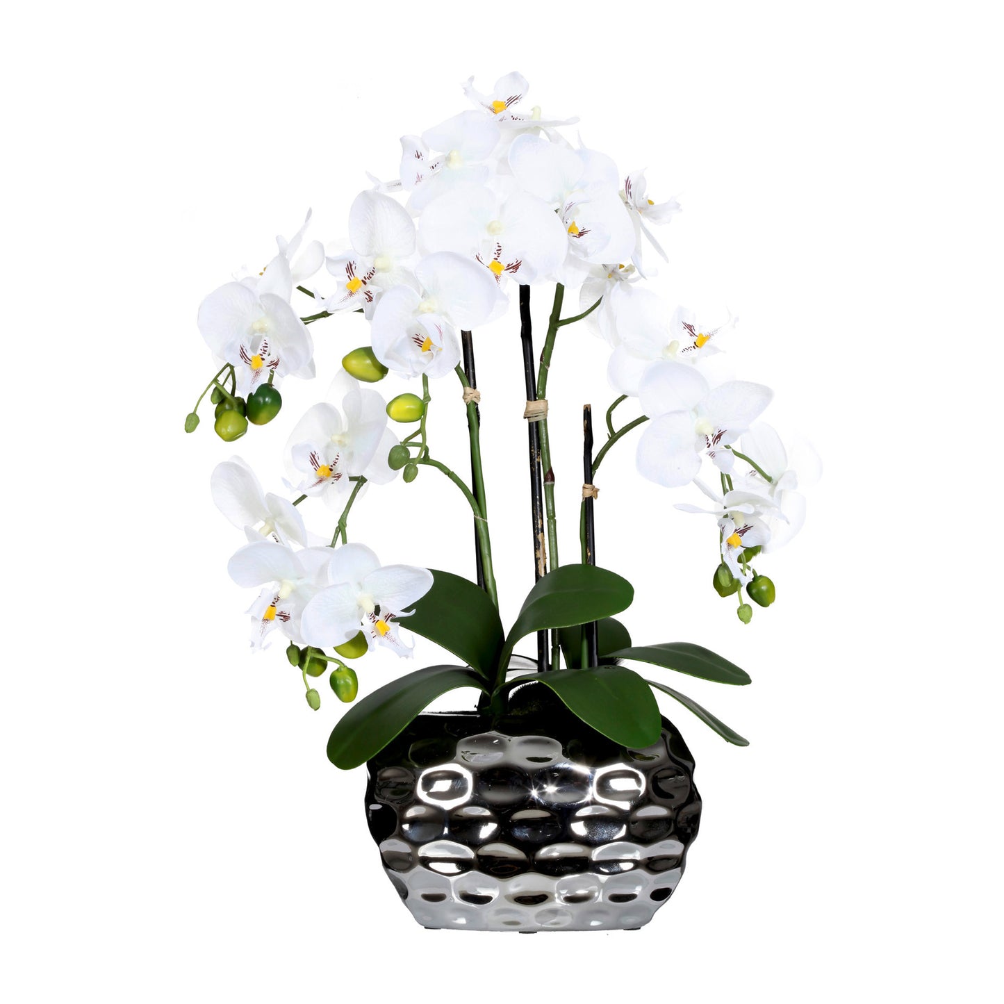 Orchidee Phalaenopsis Kunstpflanze 55 cm mit silberfarbener Ovalvase für Ihr Zuhause