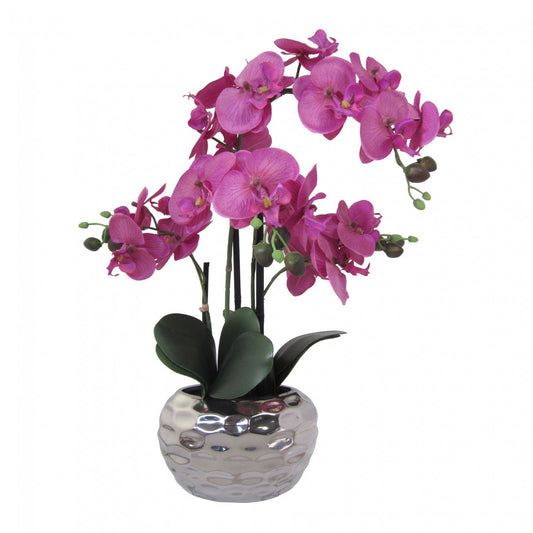 Phalaenopsis Kunstpflanze 55 cm Violett in eleganter Silber-Ovalvase für Dekoration
