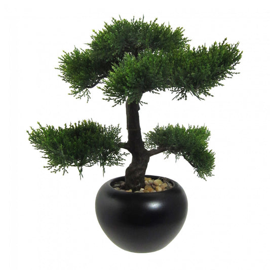 Bonsai Zeder Kunstpflanze 37 cm im schwarzen Keramiktopf mit Dekokies für Ihr Zuhause