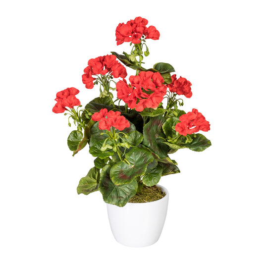 Künstlicher Geranienbusch 40 cm mit UV-Schutz im weißen Topf – Farben: rot, rosa, weiß