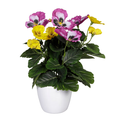 2er Set UV-beständige künstliche Stiefmütterchen im weißen Keramiktopf, bunt