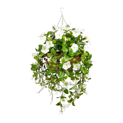 Künstliche Petunien-Hängeampel 70 cm im UV-schutz Weidenkorb - Lila & Weiß