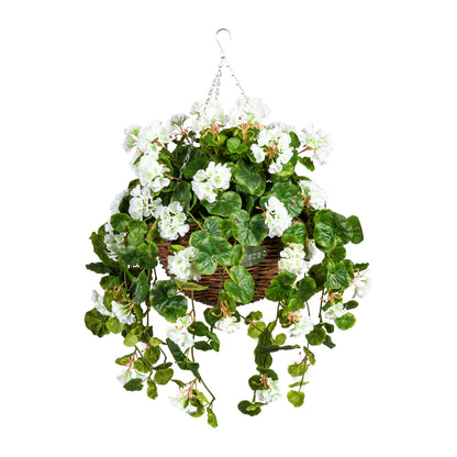 Künstliche Geranienhängeampel im Weidekorb – UV-beständig in 3 Farben, 70 cm