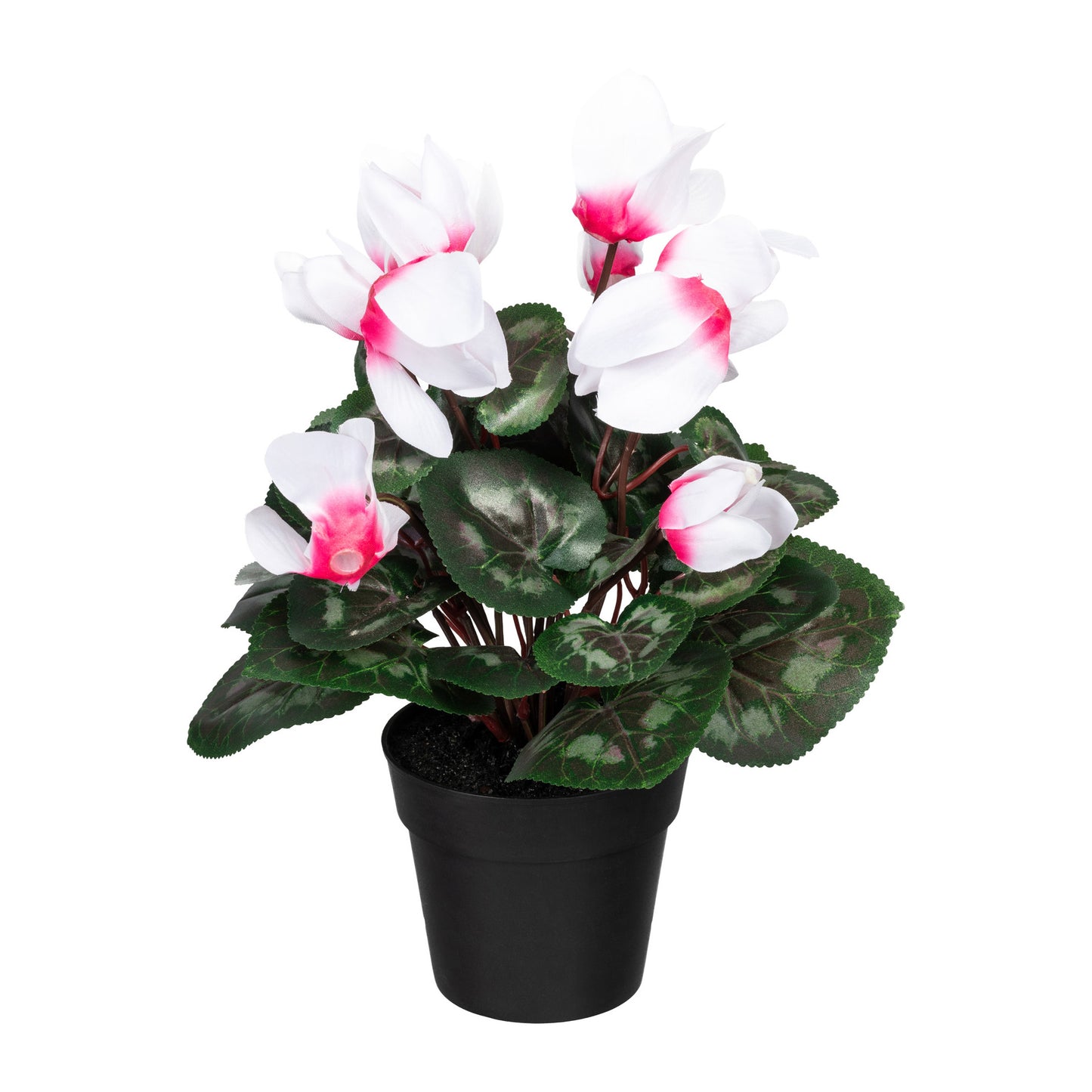 Künstliches Alpenveilchen 30 cm im schwarzen Kunststofftopf - Fuchsie, Rot, Weiß-Pink