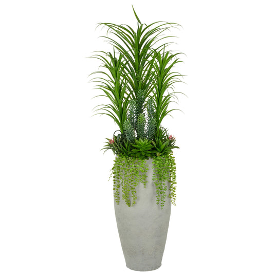 Natürlich wirkendes Sukkulentenarrangement 175cm grün im grauen Fiberclay-Topf 45x80cm mit Kies, UV-beständig