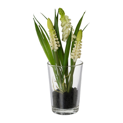 4er Set künstliche Muscari im Glas 16 cm – Dekorative Blumen in Creme & Blau