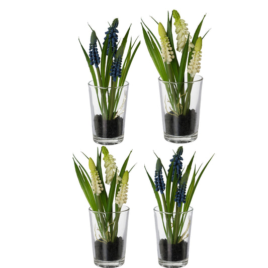 4er Set künstliche Muscari im Glas 16 cm – Dekorative Blumen in Creme & Blau