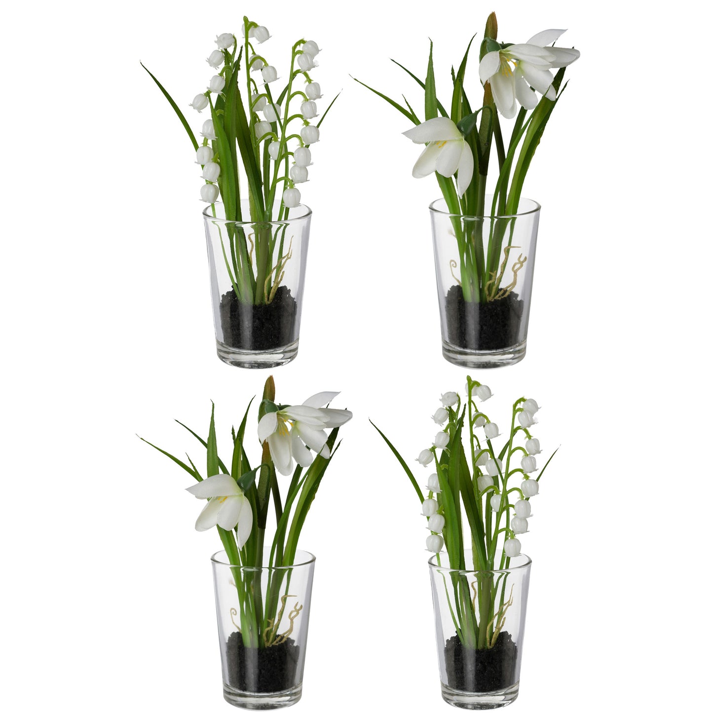 4er Set künstliche Schneeglöckchen & Maiglöckchen im Glas, 16 cm, pflegeleicht, weiß