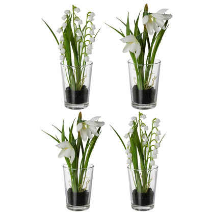 4er Set künstliche Schneeglöckchen & Maiglöckchen im Glas, 16 cm, pflegeleicht, weiß