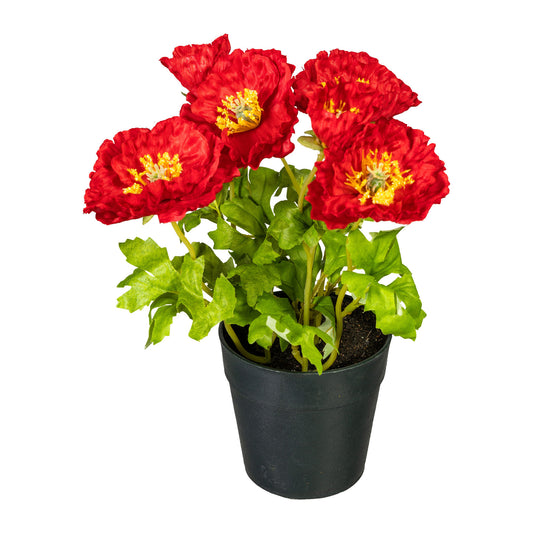 2er Set Künstlicher Mohnbusch im Topf 24 cm – Farbige Dekoration in Rot und Orange