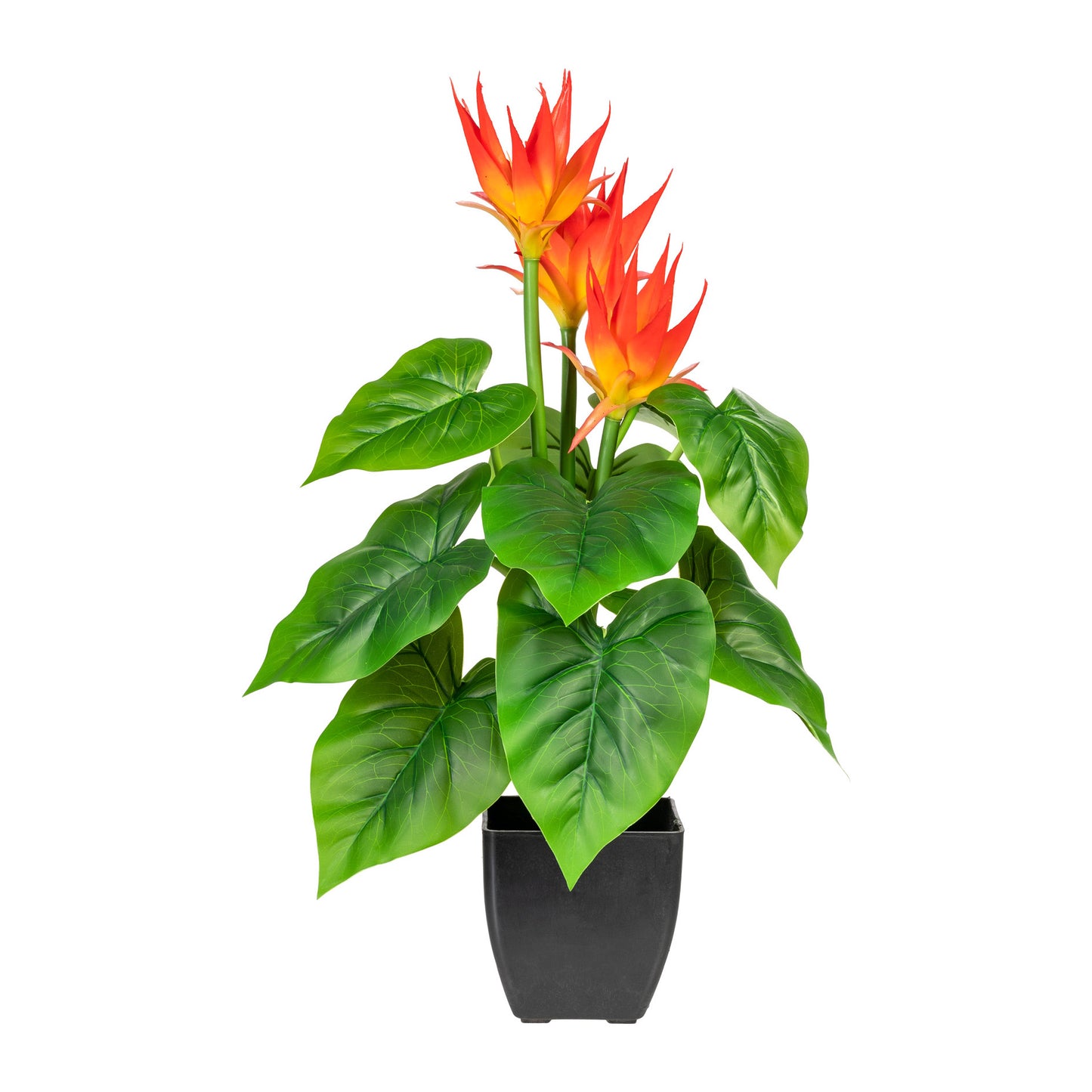 Künstliche Guzmania 58 cm mit 3 orange-gelben Blüten im eleganten Kunststofftopf