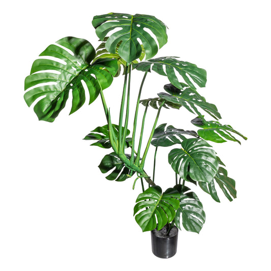 Kunstpflanze Splitphilodendron 120 cm mit 14 Blättern im schwarzen Topf 17x15 cm