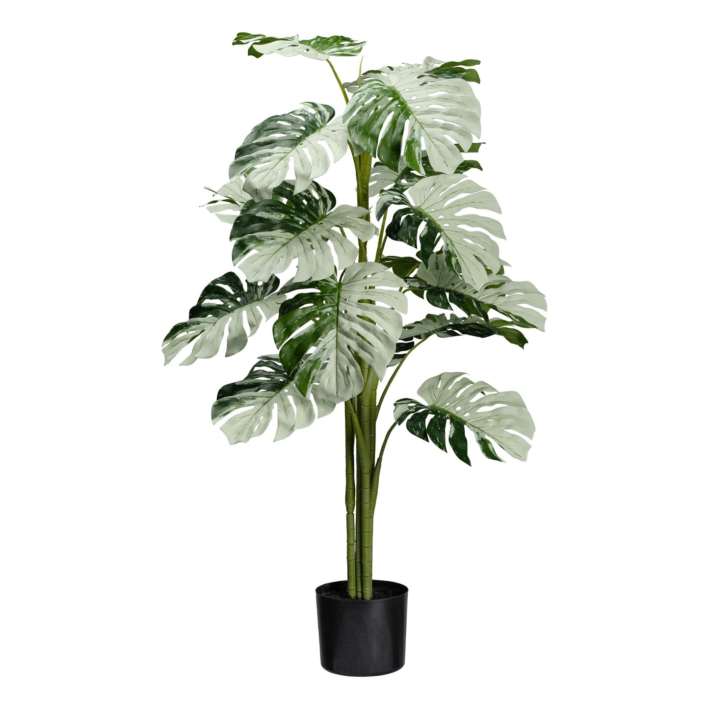 Monstera Variegata Halfmoon Kunstpflanze 115 cm, 16 grün-weiße Blätter im Topf
