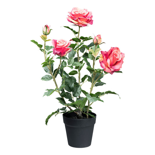 Kunstpflanze Rosenbusch 58 cm in Pink, Kunststofftopf 14x13 cm – Pflanze für Pflegeleichte Deko