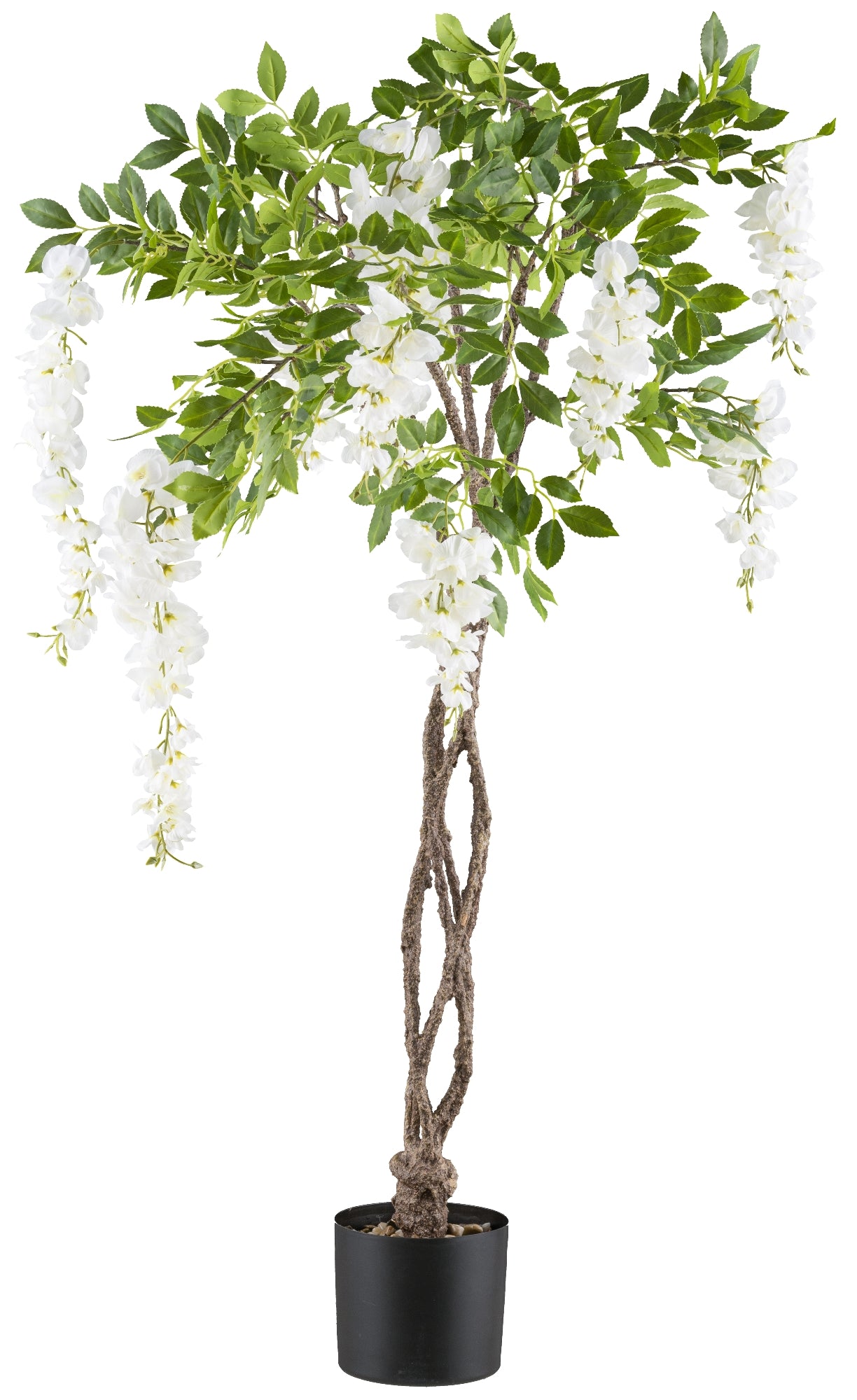 Wisteria Kunstpflanze 115 cm mit geflochtenem Stamm und Kunststofftopf, weiß