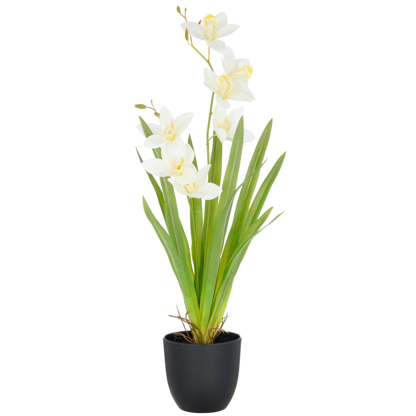 Künstliche Cymbidium Orchidee 55 cm weiß im Kunststofftopf 11,5x10,5 cm langlebige Kunstpflanze