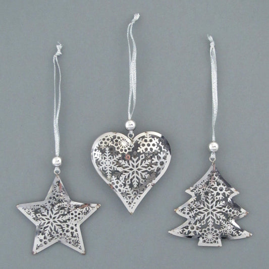 Deko Weihnachtsanhänger Metall Set 3er - Lasercut Herz, Stern & Christbaum 9 cm