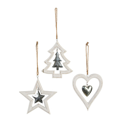 Deko Holz Weihnachtsmix Hänger Set 3er in Weiß für festliche Christbaumdekoration