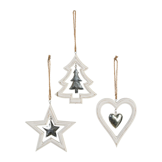 Deko Holz Weihnachtsmix Hänger Set 3er in Weiß für festliche Christbaumdekoration